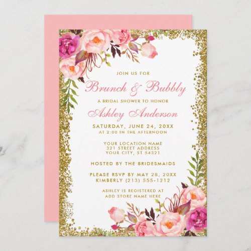 Bridal Shower Brunch Pink Floral Gold Glitter Invitation
