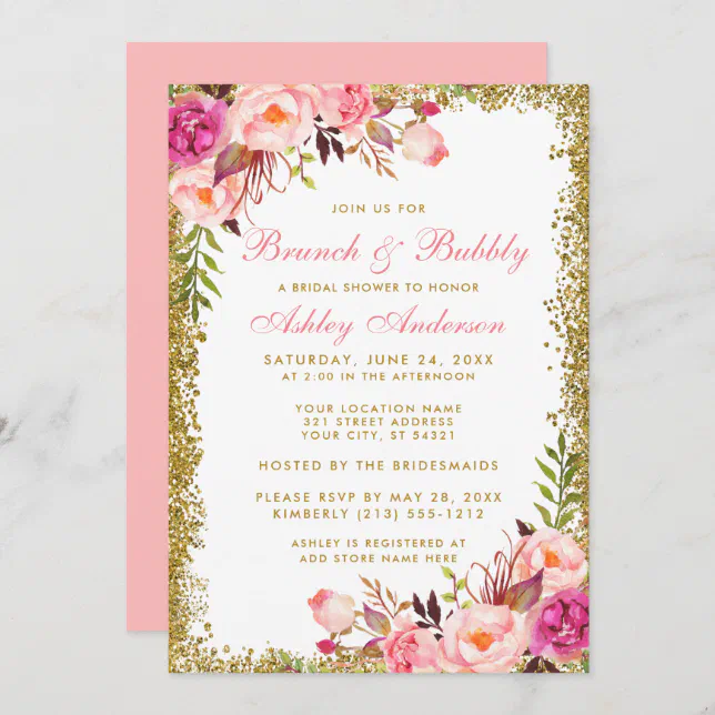 Bridal Shower Brunch Pink Floral Gold Glitter Invitation | Zazzle