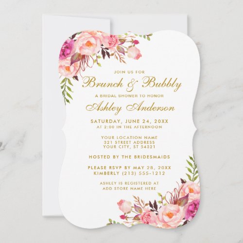 Bridal Shower Brunch Pink Floral Gold Invitation