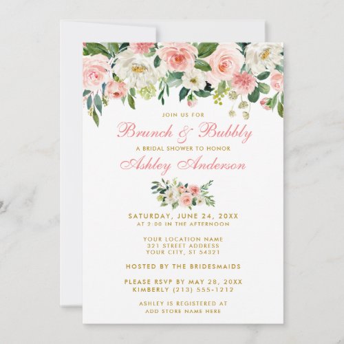 Bridal Shower Brunch Pink Floral Gold Invite GP