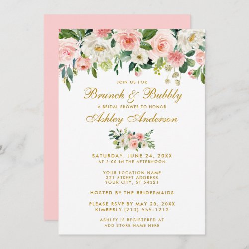 Bridal Shower Brunch Pink Floral Gold Invite Pk