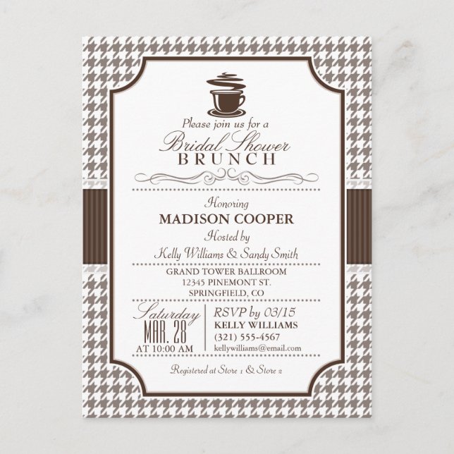 Bridal Shower Brunch; Taupe Houndstooth Invite (Front)