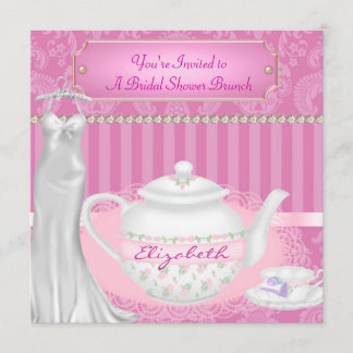 Bridal Shower Brunch Teapot & Teacup Damask Invitation