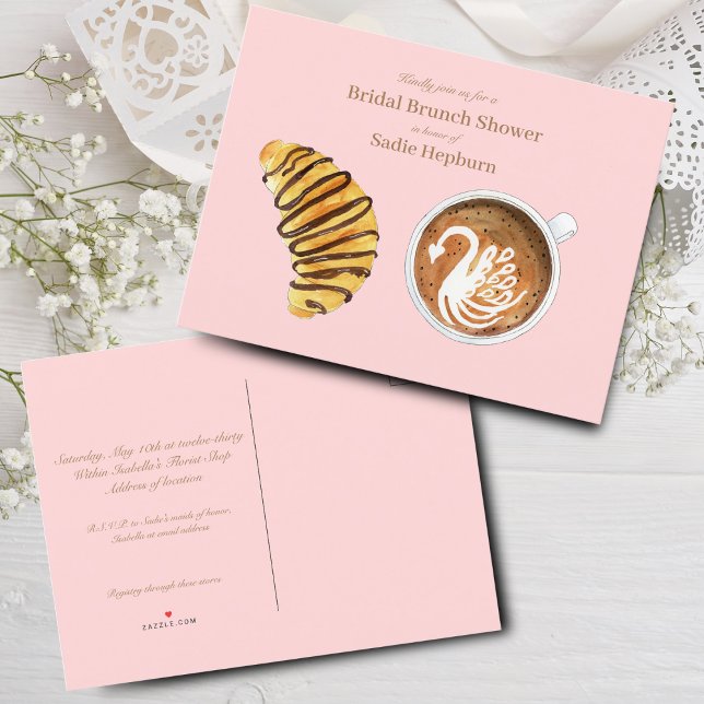 Bridal Shower Brunch Watercolor Latte &  Croissant Invitation Postcard (Chic Brunch Invitation: Hand-painted, budget-friendly invite for a romantic bridal shower.)