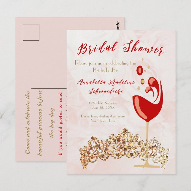 Bridal Shower Budget Blush Wine Gold Invitation    Postcard (Front/Back)