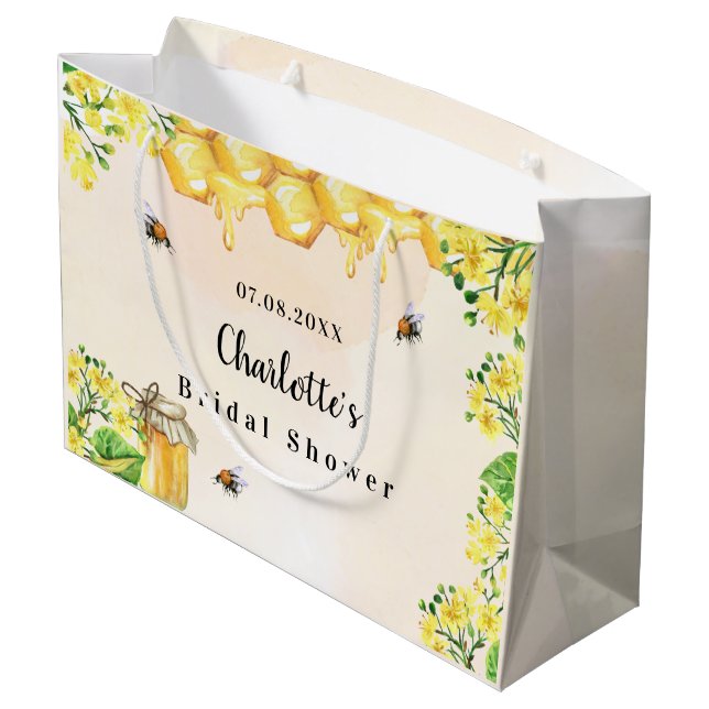Bridal Shower bumble bees honey yellow floral name Large Gift Bag (Back Angled)