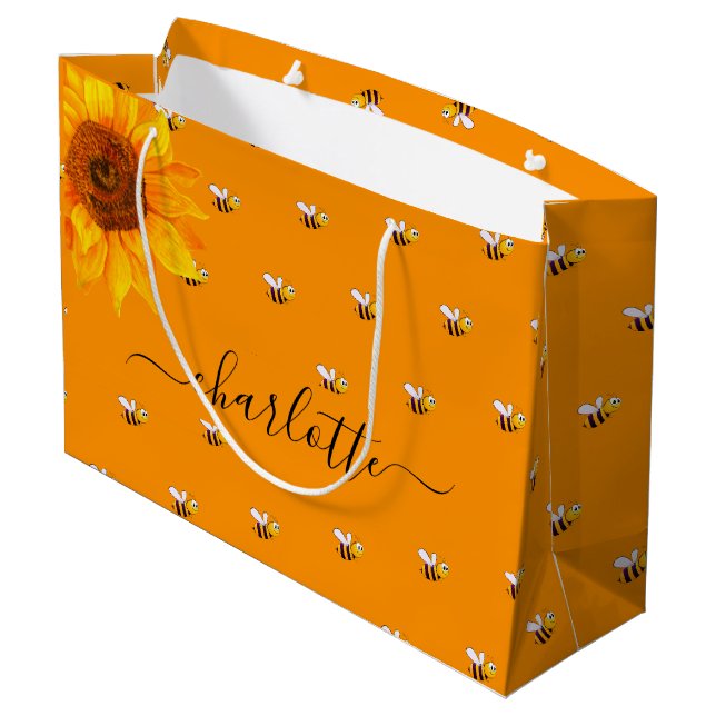 Bridal shower bumble bees rustic sunflower name large gift bag (Back Angled)