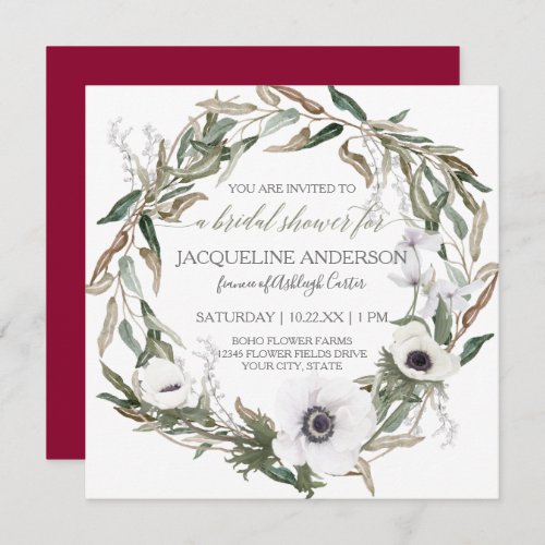 Bridal Shower Burgundy Anemone Olive Leaf Wreath Invitation