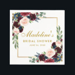Bridal Shower Burgundy Blue Floral Gold White Napkins<br><div class="desc">Watercolor Burgundy Blue Floral Gold Frame Bridal Shower Paper Napkin</div>