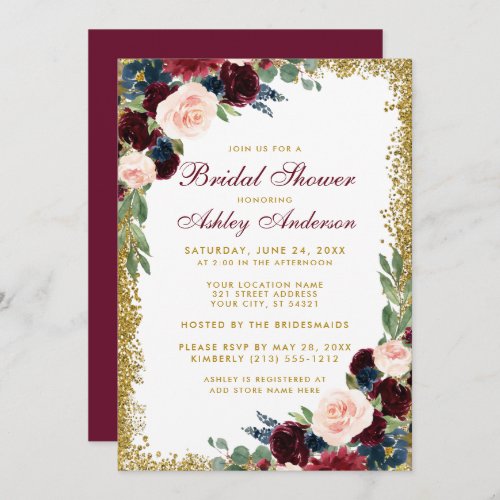 Bridal Shower Burgundy Blue Gold Glitter Invite
