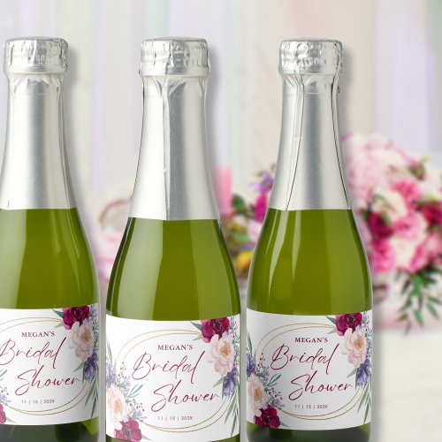 Bridal Shower Burgundy  Blush Bloom Mini Bottle  Sparkling Wine Label