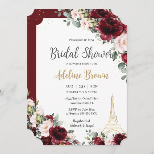 Bridal Shower Burgundy Blush Floral Eiffel Paris Invitation