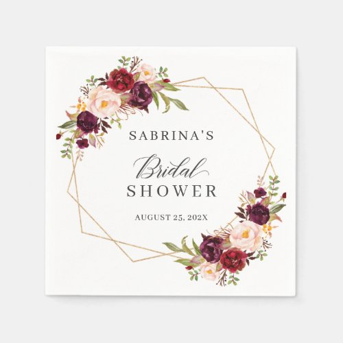 Bridal Shower Burgundy Blush Floral Gold Geometric Napkins - Personalize this "Watercolor Burgundy Blush Floral Gold Geometric Bridal Shower Paper Napkin" to add a special touch. This high-quality design is easy to customize to be uniquely yours! 
(1) For further customization, please click the "Customize" button and use our design tool to modify this template. 
(2) If you need help or matching items, please contact me.