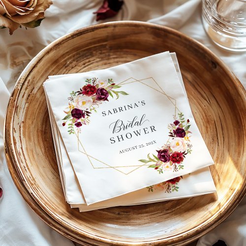 Bridal Shower Burgundy Blush Floral Gold Geometric Napkins