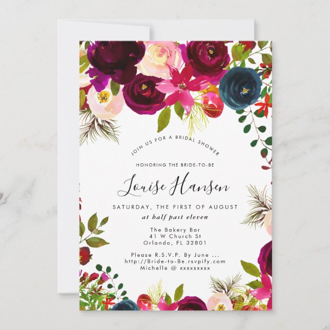 Bridal Shower, Burgundy, Blush+Navy Watercolor Invitation (Front)