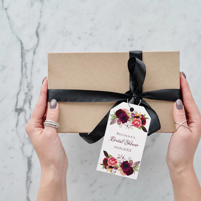 Bridal Shower burgundy boho florals thank you Gift Tags | Zazzle