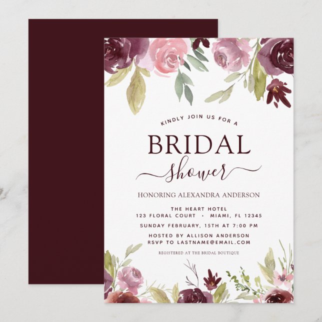 Bridal Shower Burgundy Elegant Spring Floral Invitation (Front/Back)