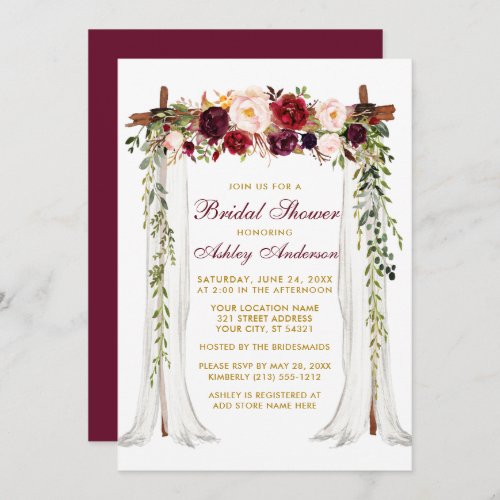 Bridal Shower Burgundy Floral Canopy Gold Invitation