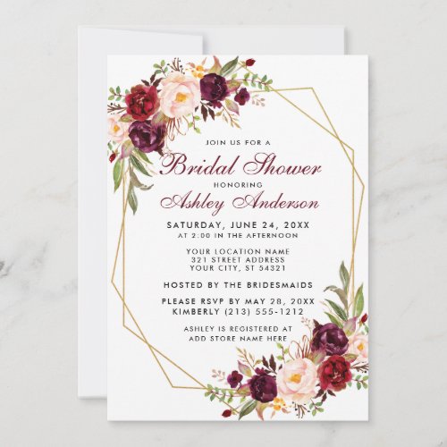 Bridal Shower Burgundy Floral Geometric Gold Frame Invitation