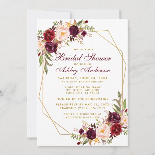 Bridal Shower Burgundy Floral Geometric Gold Invitation