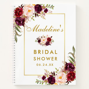 Bridal Shower Burgundy Floral Gold Gift List Notebook