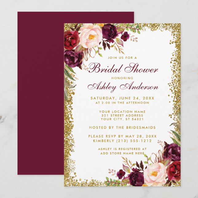 Bridal Shower Burgundy Floral Gold Glitter Invite (Front/Back)
