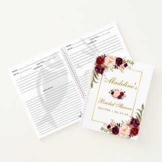 Bridal Shower Burgundy Floral Gold Recipe Notebook