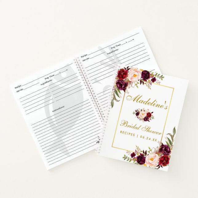 Bridal Shower Burgundy Floral Gold Recipe Notebook (Inside)
