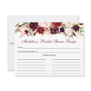 Bridal Shower Burgundy Floral Recipe Card
