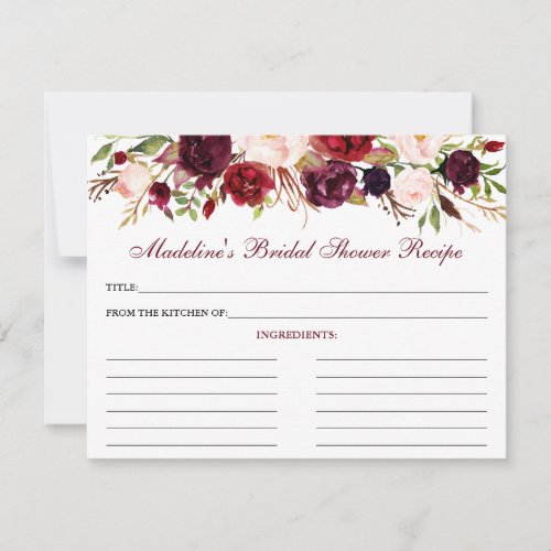 Bridal Shower Burgundy Floral Recipe Card