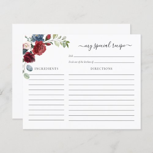 Bridal Shower Burgundy Floral Recipe Card