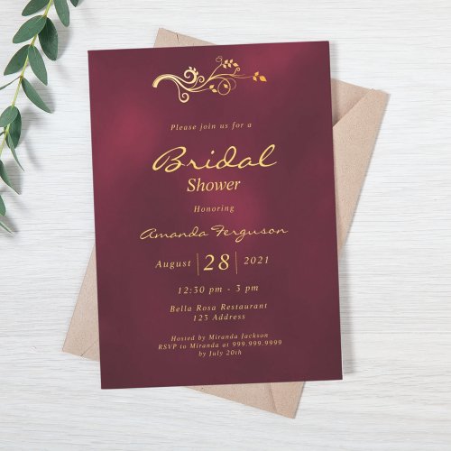 Bridal shower burgundy gold classic elegant invitation