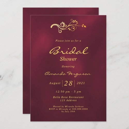Bridal shower burgundy gold classic elegant invitation