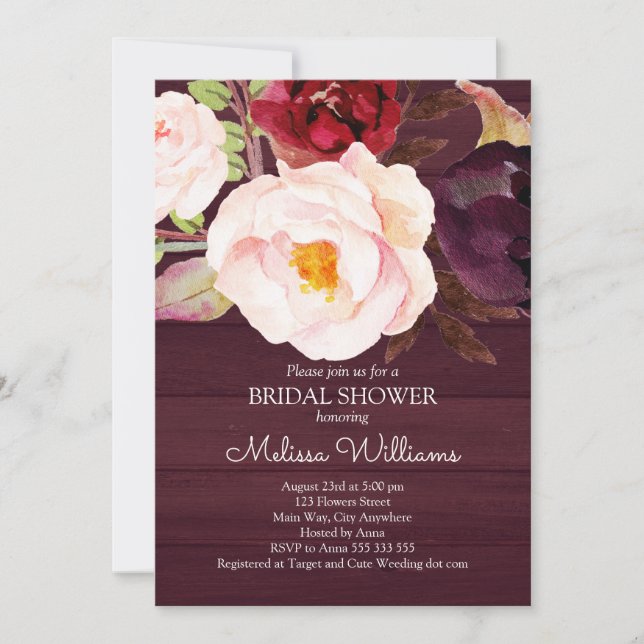Bridal Shower Burgundy Marsala Wood Rustic Boho Invitation (Front)