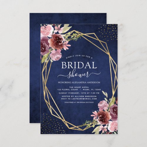 Bridal Shower Burgundy Navy Blue Geometric Floral Invitation