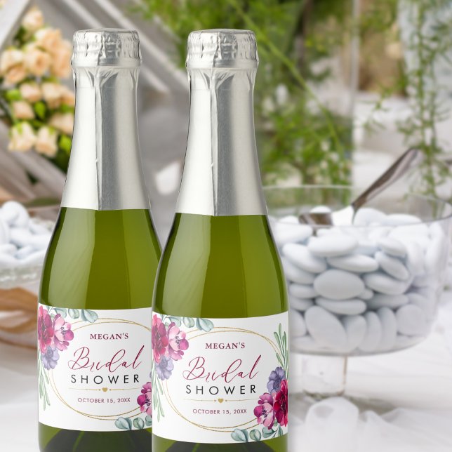 Bridal Shower Burgundy & Navy Floral Mini Bottle  Sparkling Wine Label (Creator Uploaded)