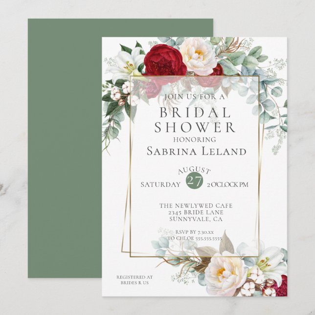 Bridal Shower | Burgundy Peony Floral Frame Invitation (Front/Back)