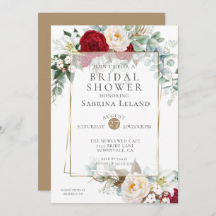 Bridal Shower   Burgundy Peony Floral Frame Invitation