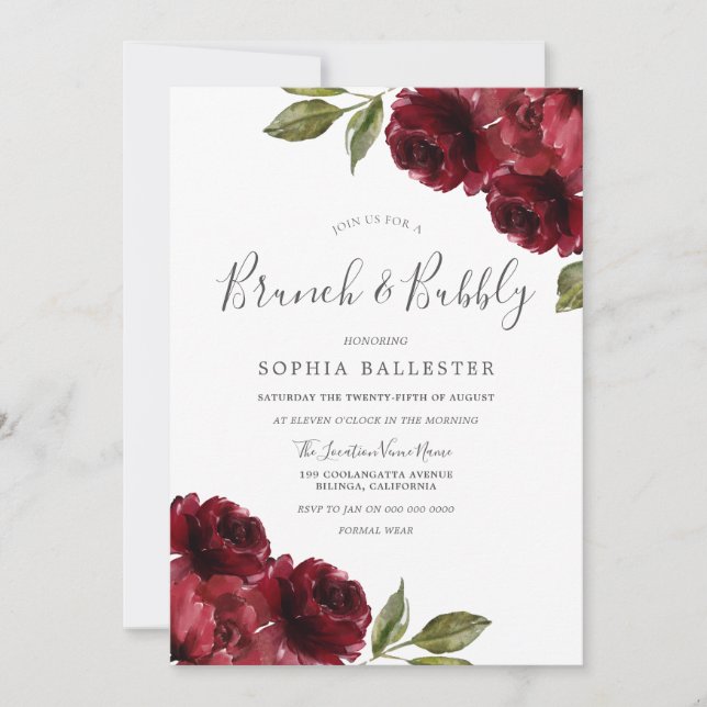 Bridal Shower Burgundy Red Flowers Brunch & Bubbly Invitation (Front)