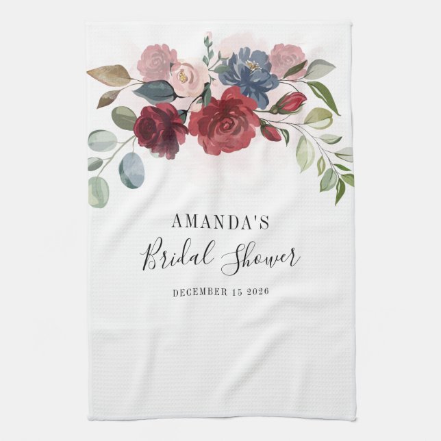 Bridal Shower Burgundy Rustic Floral Custom Kitchen Towel (Vertical)