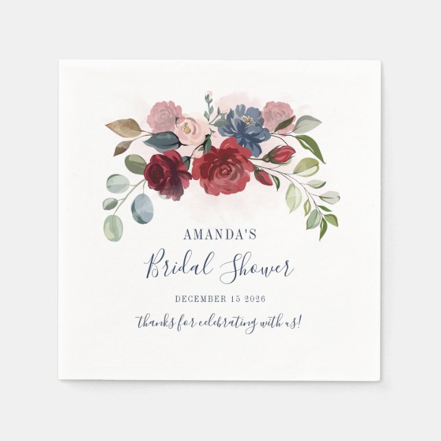 Bridal Shower Burgundy Rustic Floral Custom Napkins (Front)