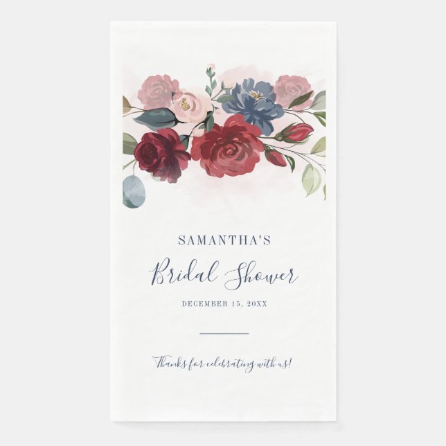 Bridal Shower Burgundy Rustic Floral Custom Paper Guest Towels (Front)