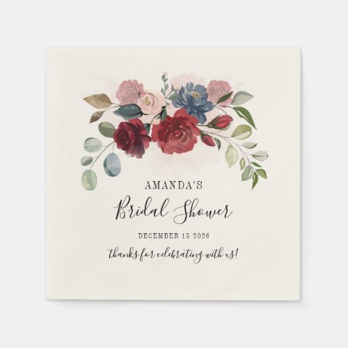Bridal Shower Burgundy Rustic Floral Custom Paper Napkins