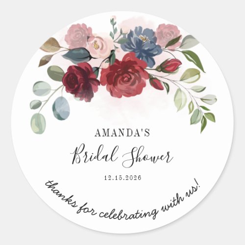 Bridal Shower Burgundy Rustic Floral Personalized Classic Round Sticker