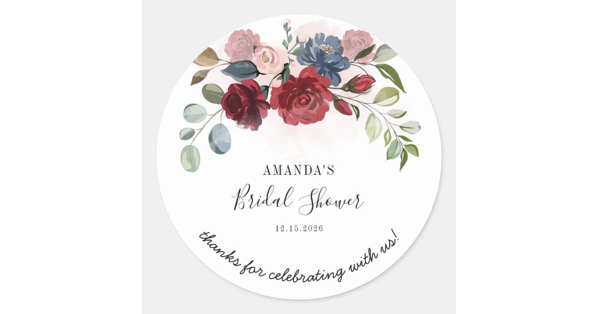 Bridal Shower Burgundy Rustic Floral Personalized Classic Round Sticker ...