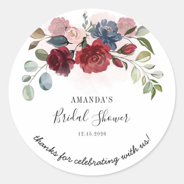 Bridal Shower Burgundy Rustic Floral Personalized Classic Round Sticker (Front)