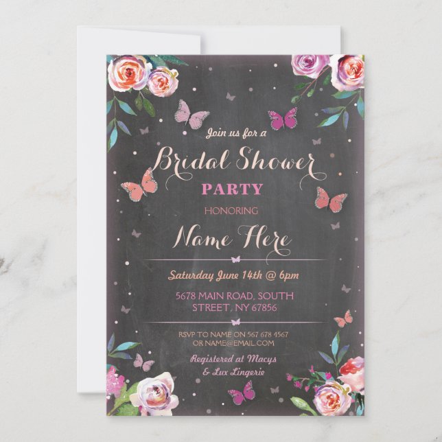Bridal Shower Butterfly Chalk Bachelorette Invite (Front)