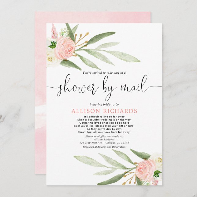 Bridal shower by mail blush pink greenery gold invitation (Front/Back)
