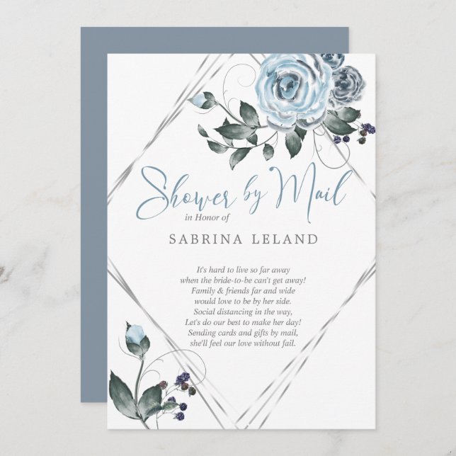 Bridal Shower by Mail Dusty Blue Floral Silver Invitation (Front/Back)