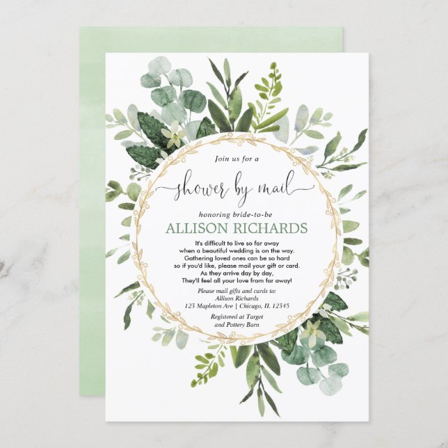 Bridal shower by mail greenery gold eucalyptus invitation (Front/Back)